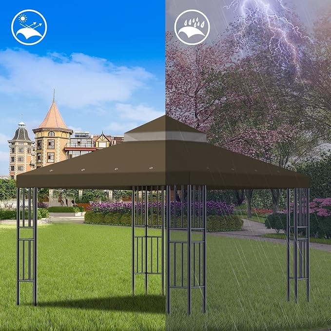 Sumfaller 10x10 FT Gazebo Replacement Canopy Top Cover Double Tiered Canopy Top Cover for Outdoor BBQ Roof Cover Grill Shelter (Dark Brown) Rootora