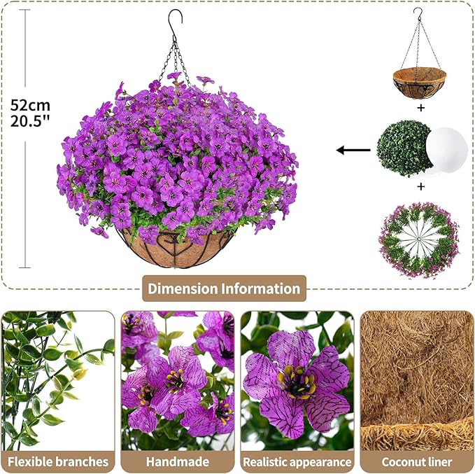 Artificial Hanging Flower for Outdoors, Fake Hanging Basket for Outside,1 Hanging Basket with 13 Pcs Faux Silk Flowers for Porch, Balcony and Patio Decor(Purple) LetuoClipsClipsandHooks