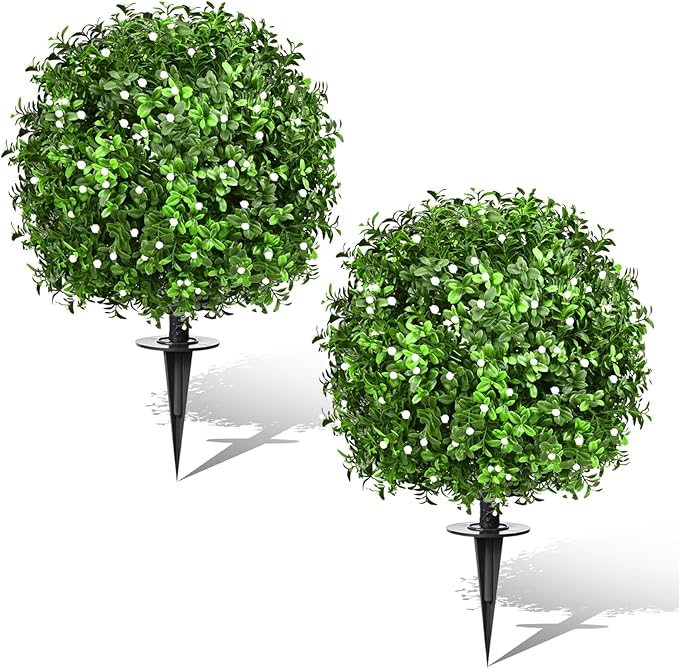 Artificial Topiary Bushes for Outdoors with Spike, Boxwood Ball Fake Shrubs UV Resistant Faux Plants for Indoor Outdoor Fall Thanksgiving Halloween Decor (Gypsophila Boxwood White-2 Packs) FAJUNZH