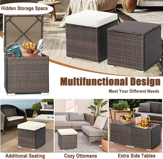 RELAX4LIFE Wicker Outdoor Storage Ottoman, 2-Piece Rattan Footstool w/Removable Cushion, Multipurpose Footrest Stool Side Table Additional Seating, Set of 2 Outdoor Ottomans for Patio Deck (Off White) RELAX4LIFE