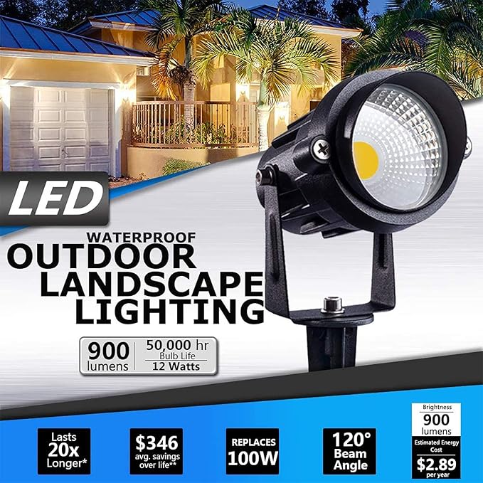 SUNVIE 12W LED Landscape Lights Low Voltage (AC/DC 12V) Waterproof Garden Pathway Lights Super Warm White (900LM) Walls Trees Flags Outdoor Spotlights with Spike Stand (8 Pack) SUNVIE