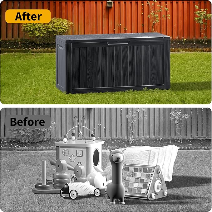 ROJIK Outdoor Storage Housing Deck Box - Waterproof Patio Furniture, Garden Tools, Cushions, Pool Accessories Storage Bench with Lockable Lid and Side Handles (Black 80 Gal) ROJIK