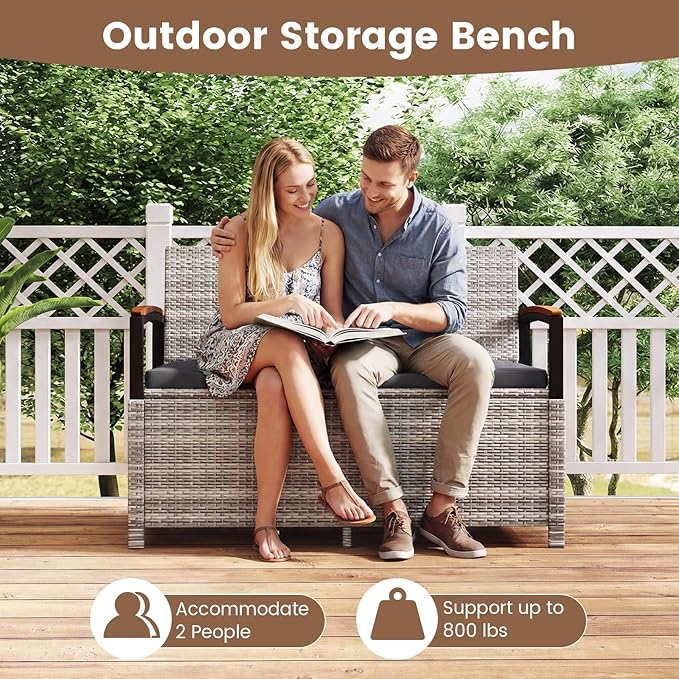 RELAX4LIFE Wicker Outdoor Storage Bench, Rattan Deck Box w/Protective Liner for Patio Furniture Pillows & Garden Tools, Porch Loveseat with Seat Cushion, Acacia Wood Armrests (Grey) RELAX4LIFE