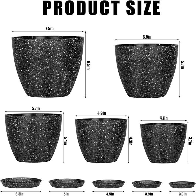 5 Pcs Plant pots, 7.5/6.5/5.7/4.9/4.1 inch Pots for Plants, Flower Pot Indoor Modern Decorative Plant Pot, Plant Pots Indoor with Drainage and Saucer for All House Plants (Drainage Set of 5 Black) LOKEISNA
