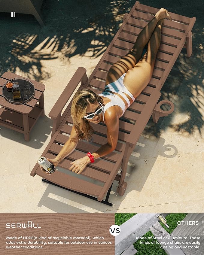 SERWALL Patio Chaise Lounge Chair, 78'' Long HDPE 5 Positions Adjustable Poly Lounge Chair with Rolling Wheels & Cup Holder for Pool, Brown SERWALL