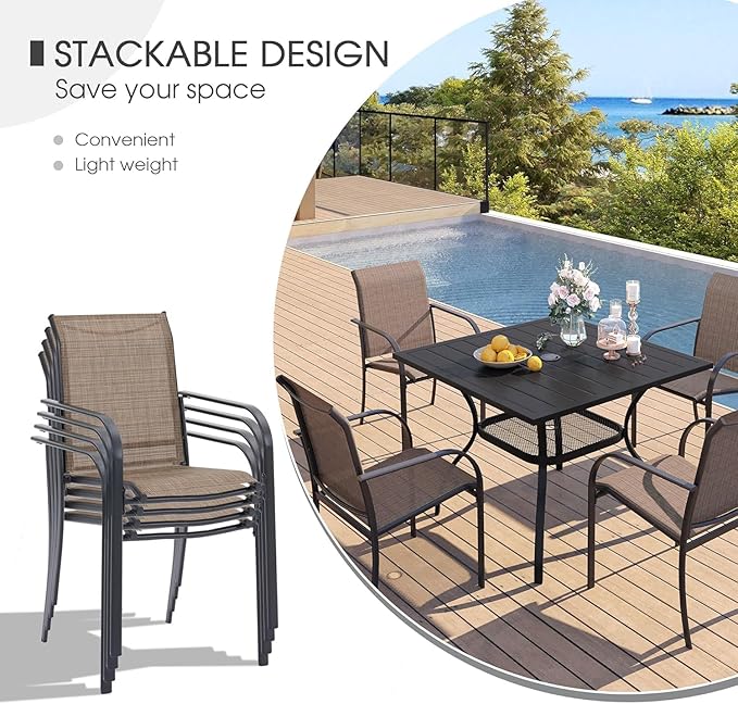 VICLLAX 5 Pieces Patio Dining Set, Outdoor Furniture Set Includes 37.8" Square Outdoor Table and 4 Stackable Patio Sling Chairs, Walnut Tabletop and Brown Fabric HOME