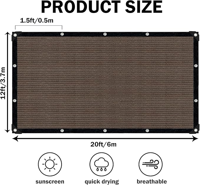 Sun Shade Cloth with Grommets,90% UV Protection Shade Fabric,Pergola Shade Cover Canopy Fence Privacy Screen Balcony,Brown Sunshades for Patio Pergola Garden Backyard Outdoor,Mocha-12x20FT IMSGVIFO