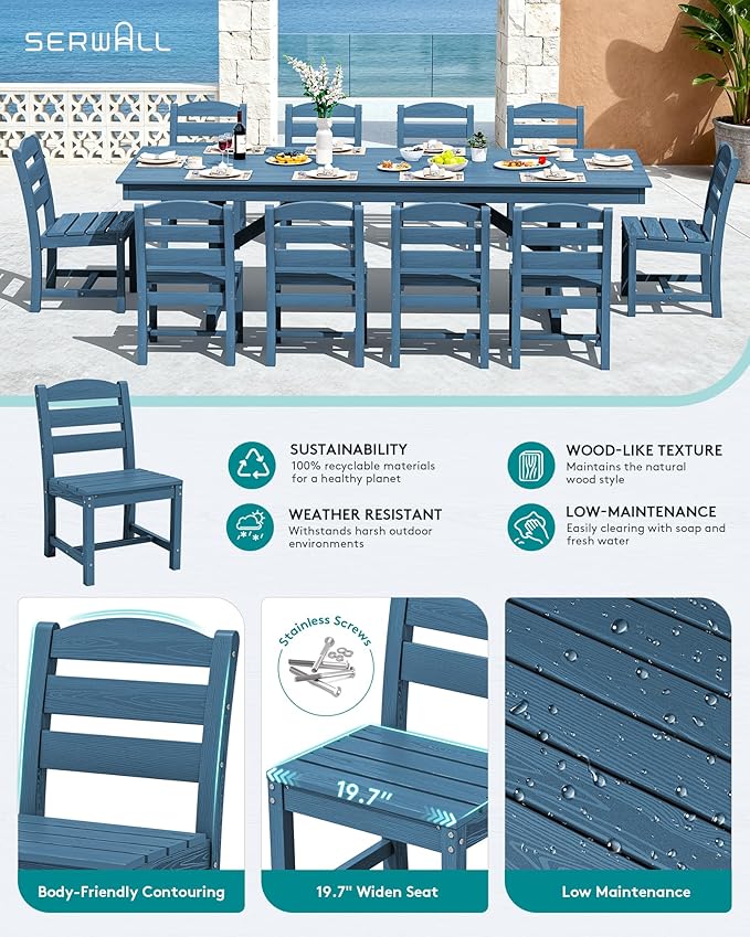 SERWALL 11 Piece Outdoor Dining Set, 84" HDPE Outdoor Table and Chairs for 10，All Weather Patio Furniture Set with Umbrella Hole for Backyard, Garden, Blue SERWALL