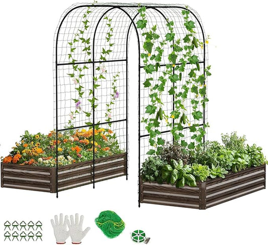 DoCred 3 in 1 Raised Garden Bed with 87in Tall Arch Trellis for Climbing Plants, Galvanized Planter Garden Box Outdoor for Gardening, Climbing Vegetables, Flower DoCred