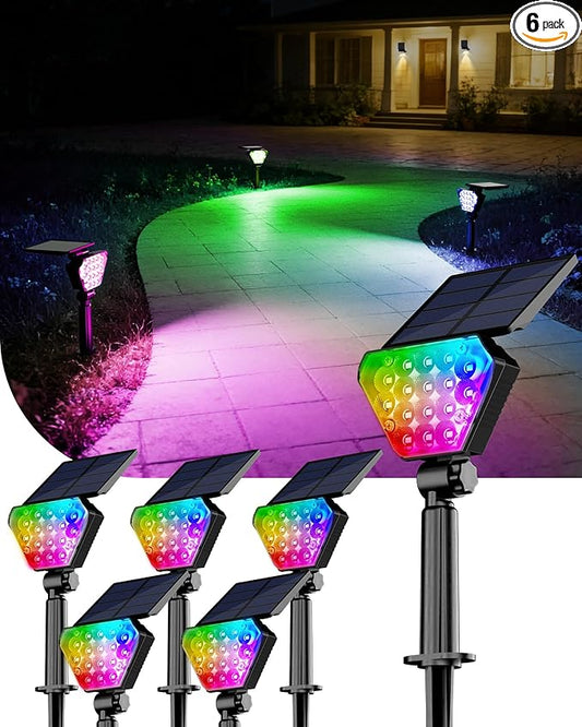 T-SUN Solar Lights Outdoor Waterproof IP65, 6Pack LED Solar Spot Lights Color Changing IP65 Waterproof Smart Auto On/Off for Outside Landscape Garden Yard Lawn Pathway Patio Driveway T-SUN
