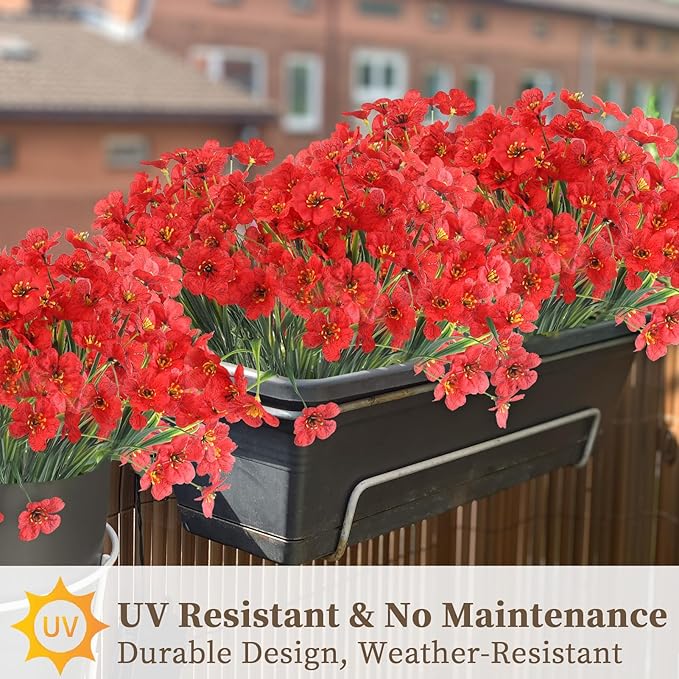 24 Red Bundles Artificial Flowers for Outdoors/Indoors Fake Flowers Plants for Indoor Outside Garden Porch Window Box Home Wedding Farmhouse ColoPlay