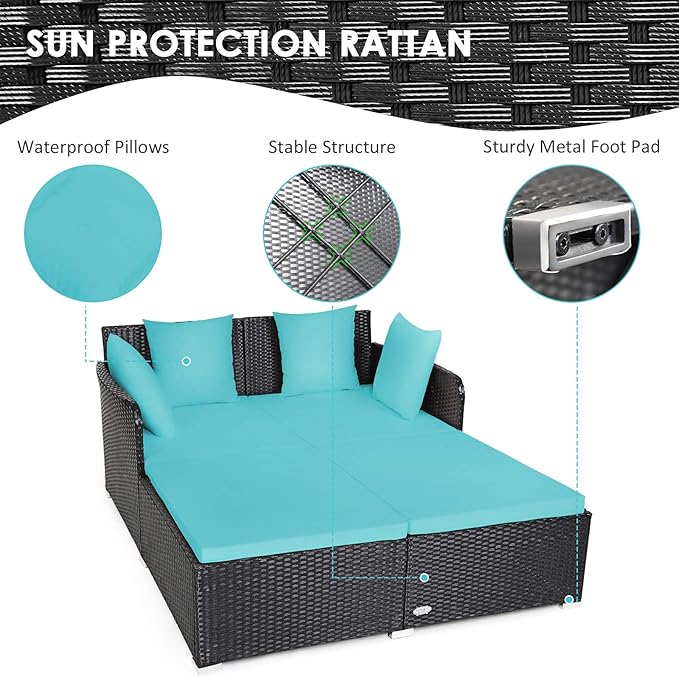Tangkula Outdoor Rattan Daybed, Sunbed Wicker Furniture w/Spacious Seat, Upholstered Cushion & High-Resilience Sponge, Wicker Patio Sofa Set w/Extra Pillows for Courtyard Poolside(Turquoise) TANGKULA
