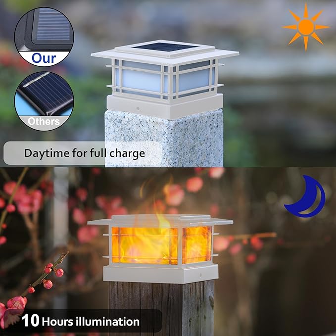 Dynaming 6 Pack Solar Post Cap Lights Outdoor with Flickering Flame Light, White Shell Fence Post Solar Lights Fit 4x4 5x5 Vinyl/Wooden Posts, Brightness LED Lighting Decor for Garden Deck Patio Dynaming