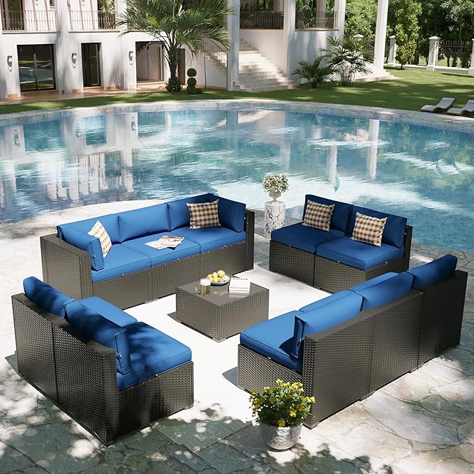 Aoxun Patio Furniture Set, 11 Piece Outdoor Sectional Sofas with Waterproof Cover, 10 Seats Wicker Rattan Outdoor Furniture Patio Conversation Set for Backyard, Garden Navy Blue Aoxun