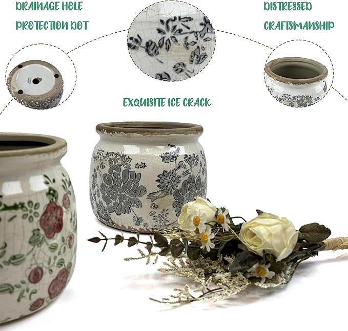 Flower Pot,Vintage Gray Ceramic Pot for Planter with Drainage Holes, 6.29 inch Ice Crack Glazed Small Rustic Planters Pot for Indoor,Tucan Home Decor,Gardening Gifts Dosayes