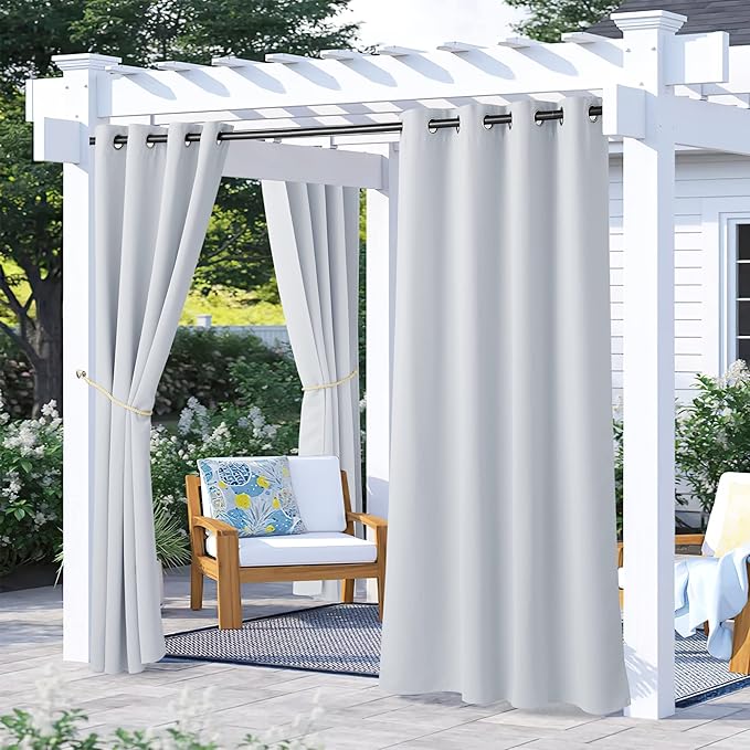 NICETOWN 2 Panels Greyish White Outdoor Curtains for Patio Waterproof, Rustproof Stainless Steel Grommet Room Darkening Thermal Insulated Vertical Drapes for Pergola & Canvas, W52 x L72 NICETOWN