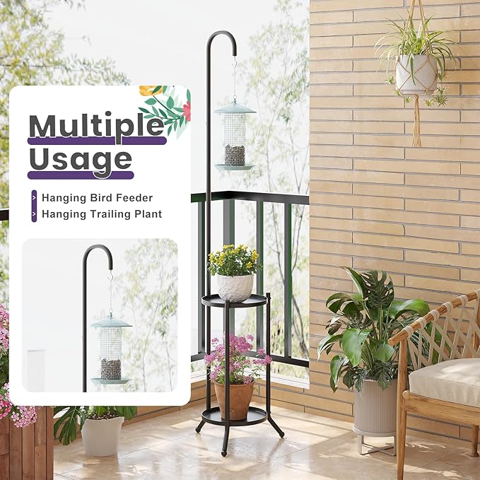 2-Tier Metal Plant Stand with Hanging Hook, Indoor Outdoor Plant Shelf,Heavy Duty Plant holder Rustproof Iron Multiple Plant Round Supports Rack for Planter Corner Garden Balcony Patio (Black) Rootora