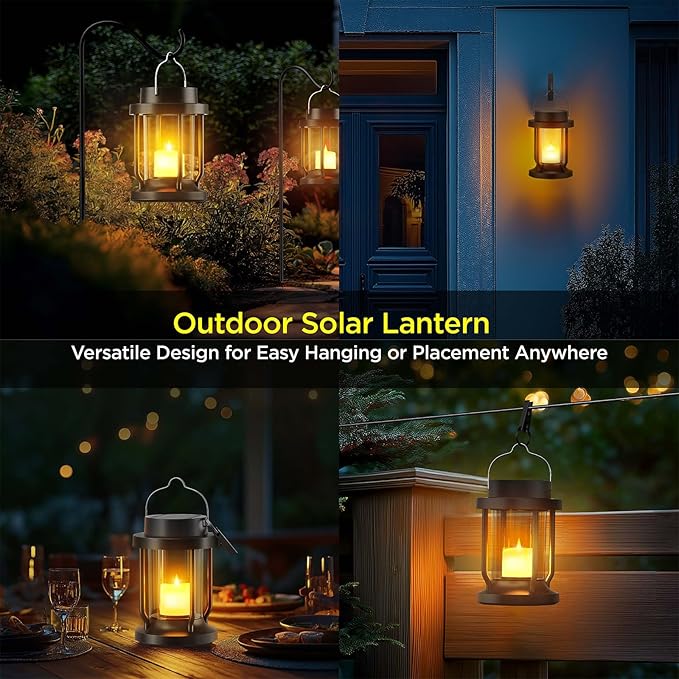 Solar Lantern Outdoor & Indoor Use – Hanging Solar Lights with Realistic Flickering Flameless Candle, Weatherproof for Gardens, Patios, Trees, and Lawns (Black, 4 Pack) Rootora