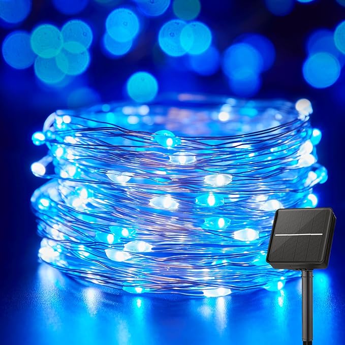 Minetom Solar String Lights for Outside, 33Ft 100 LED Outdoor Solar Fairy Lights, 8 Modes Balcony Lights for Tree Patio Christmas Party Decor (Blue and White) Minetom