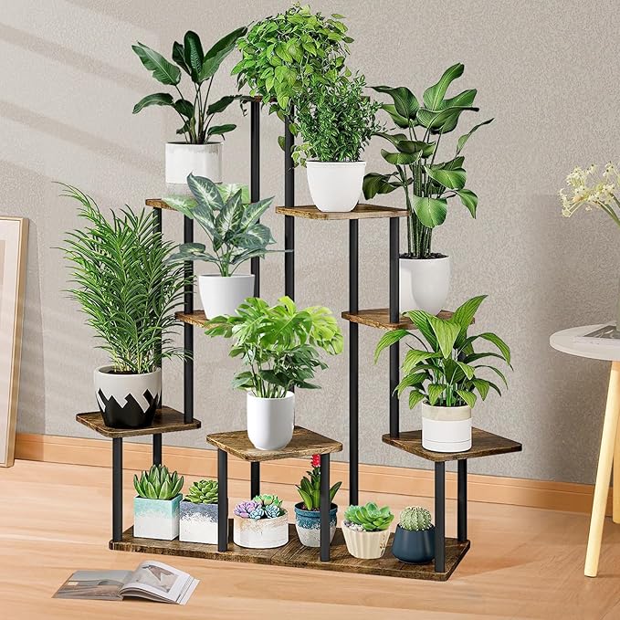 9 Tier Wood Tall Plant Stand Metal Rack Indoor, Multiple Flower Pot Holder Shelves Corner Rack, Planter Shelf Display Rack Storage Organizer for Patio Living Room Balcony Garden(Black) YOCOMEY