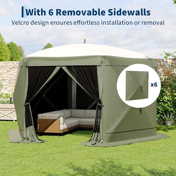 13x13FT 6-Sided Pop Up Gazebo Tent，One-Push Setup Canopy Tent with Removable Canopy Top & Wind Cloths, Outdoor shelter for Camping, Backyard Parties, Outdoor Events - Army Green GarveeLife