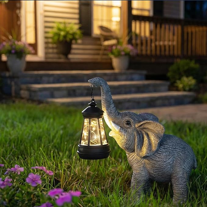 Solar Garden Statue Lights Elephants Figurine with Solar Lantern, Outdoor Yard Decorations for Patio Porch Home, Mothers Day Decorations Gift for Women - Unique Housewarming Gifts Candieslife