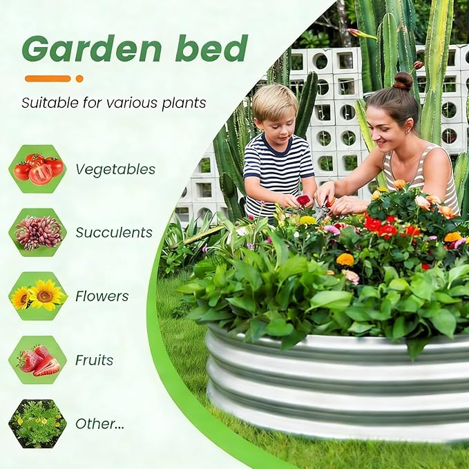 Round Galvanized Raised Garden Bed Kit, Round Galvanized Planter for Vegetables/Herbs/Flowers Heavy-Duty Steel Outdoor Water Trough (Silver, 3X3X1FT) Rootora