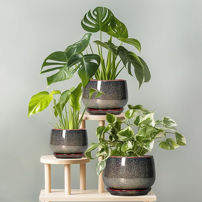 G EPGardening 7 Inch Ceramic Pots for Plants - Ceramic Planters for Indoor Outdoor Plants, Round Plant Pots with Drainage and Saucer, Modern Planter, House Decor, Plant Lover Gifts, Speckled Brown GEPGardening