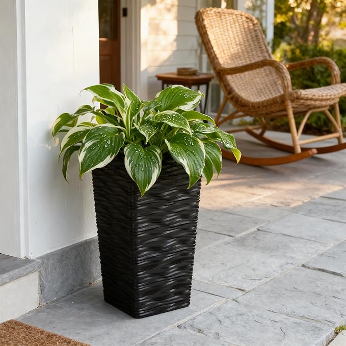 Worth Garden 2-Pack Black Tall Planter - Plastic Square Tapered Tree Plant Pots with Drainage Hole for Indoor Outdoor - 22" H Modern Wavy Finish Decorative Flower Pots for Front Porch Patio Deck WORTH
