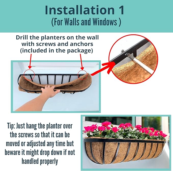 LaLaGreen Outdoor Wall Planter for Plants (24 Inch, 8 Pack) Large Black Metal Basket with Coco Liner, Window Flower Box Deck Railings Hanging Balcony Plant Holder Pot Garden Fence Balcony Patio Rail L%C3%A1L%C3%A1Green