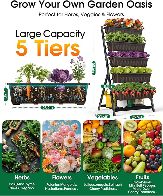5-Tier Vertical Garden Bed Planter Boxes with Drainage System & Storage Space, Freestanding Vertical Garden Planter with 5 S-Hooks for Plants Vegetables Flowers Herbs in Garden Patio Yard Rootora