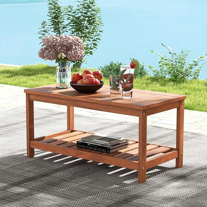 Tangkula Wood Outdoor Coffee Table, 2-Tier Patio Coffee Table with Slatted Hardwood Tabletop & Storage Shelf, Rectangle Wood Table for Deck, Garden, Balcony, Indoor or Outdoor Use (Natural) TANGKULA