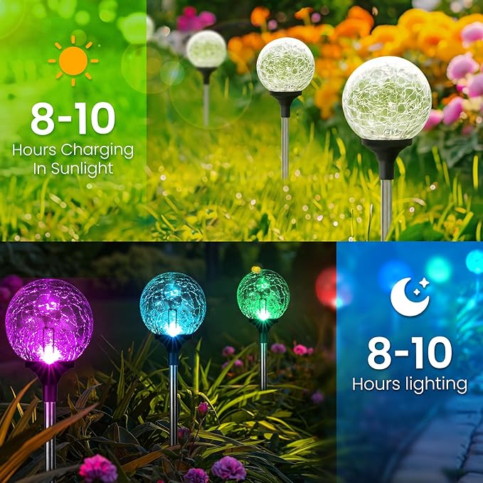 GIGALUMI Solar Garden Lights 3 Pack, Outdoor Solar Lights for Yard Decorative, Christmas Lights Outdoor Decorations Waterproof, Multi-Colored Changing Garden Globes Cracked Glass Ball with LED Lights GIGALUMI