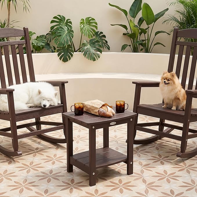 Y&M Outdoor Side Table, HIPS Adirondack Small Double Layer Table, Waterproof Square Outside Table, Balcony End Tables for Patio, Pool, Porch, Deck, Indoor or Outdoor Use, Coffee YM