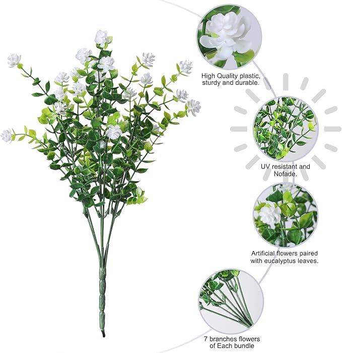 HyeFlora 20 Bundles Artificial Fake Outdoor Plants Flowers for Spring Decoration, UV Resistant Realistic White Plastic Flowers Faux Plant Monkey Grass for Planter Home Garden Porch Patio Window Box HyeFloraartificialflowers