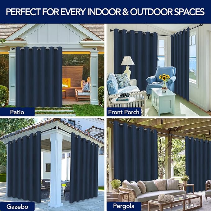 PureFit Outdoor Curtains for Patio Waterproof Weatherproof, UV Resistant Outside Curtains for Gazebo, Front Porch, Pergola, Sun Blocking Privacy Curtain, 100W x 95L inch, 1 Panel, Navy Blue PureFit