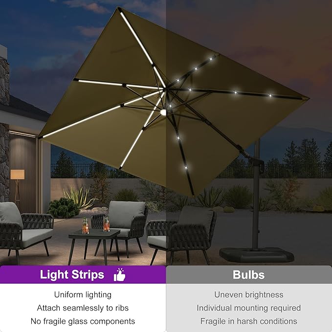 PURPLE LEAF 10 Feet Patio Umbrella with Base Outdoor Cantilever Solar Powered LED Swivel Square Umbrella Aluminum Offset Umbrella with 360-degree Rotation for Garden Deck Pool Patio, Beige PURPLELEAF