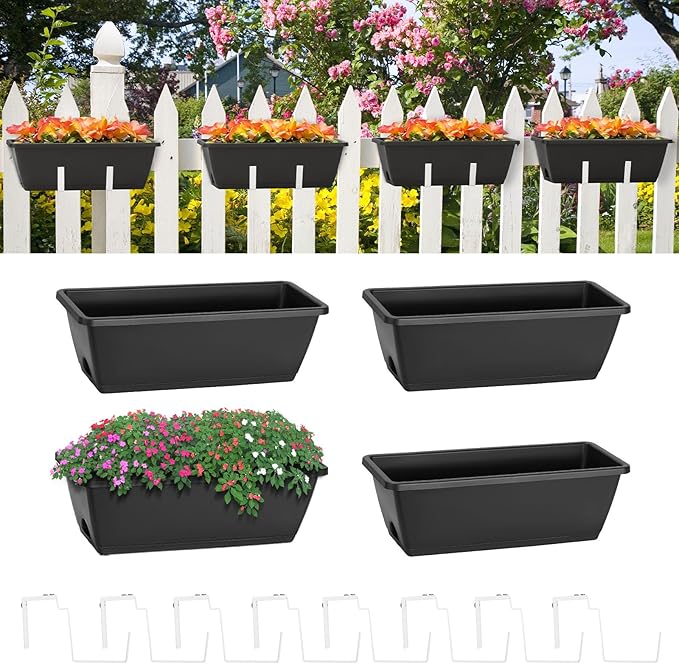 smusei Railing Planter Box 4 Pack Window Boxes Planters with Flower Box Brackets, 17’’ Rectangle Balcony Deck Railing Hanging Planters for Outdoor Fence Garden Patio Plants smusei
