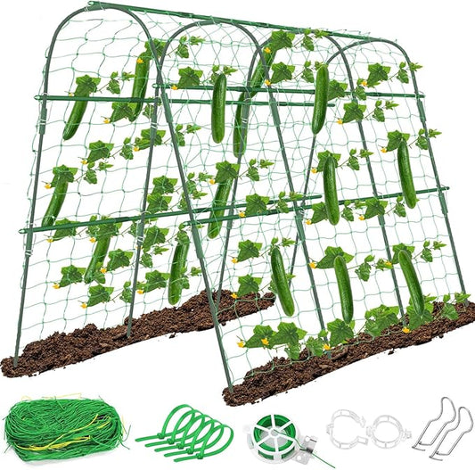 Cucumber Trellis for Raised Beds, 63 x 45 Inch U-Shaped Garden Trellis for Climbing Plants Outdoors with Climbing Net, Metal Detachable Arch Plant Support Vegetable Trellis tetutor