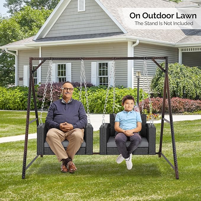 VINGLI 2.2 FT 1-Person Use Rattan Porch Swing Outdoor Support 440 LBS with Cushions & Adjustable Chains, Patio Wicker Swing Bench Chair for Garden, Yard, Lawn, Tree, Black VINGLI