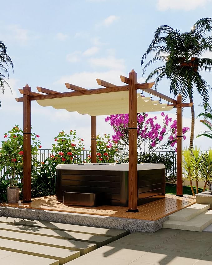 10 x 10 ft Aluminum Pergola with Adjustable Canopy, Outdoor Metal Pergola, Imitation Wood-Grain Sun Shade Shelter for Garden Patio Backyard Deck BouPower