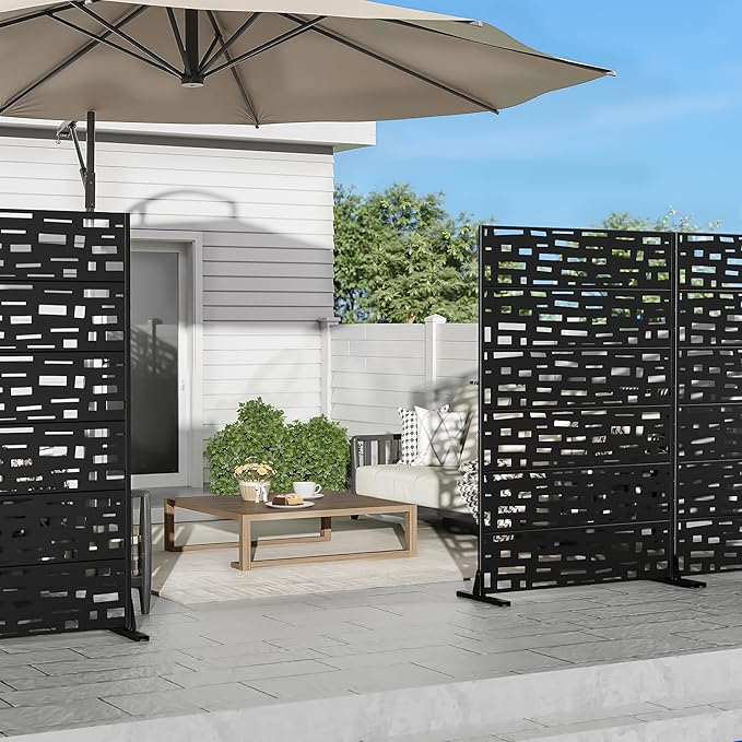 Casaphoria Metal Privacy Screen Outdoor, 72" H x 47" W Freestanding Decorative Privacy Screen for Patio Deck Balcony Garden with Stable Base, Black-Gerald Casaphoria