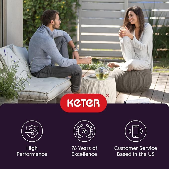 KETER Urban Knit Pouf Ottoman Set of 2 with Storage Table for Patio and Room Décor-Perfect for Balcony, Deck, and Outdoor Seating, Cream & Taupe Keter
