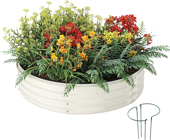 Galvanized Metal Planter Round Raised Garden Bed Kit for Gardening Outdoor，2x2x1ft Grow Garden Box Raised Flower Bed，Round Galvanized Planter Outdoor Metal Fire Pit Ring White ZFHgarden