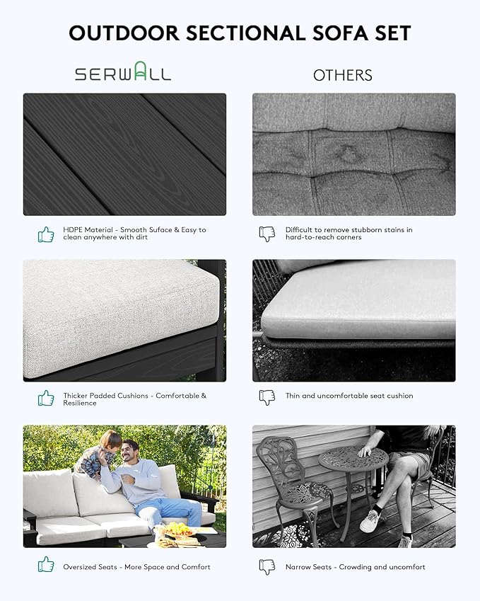 SERWALL HDPE Patio Sofa Set, 4-piece Sectional Outdoor Furniture Set, All Weather Outdoor Couch Set Patio Furniture Set for Deck, Lawn, Black Frame with Khaki Cushion SERWALL