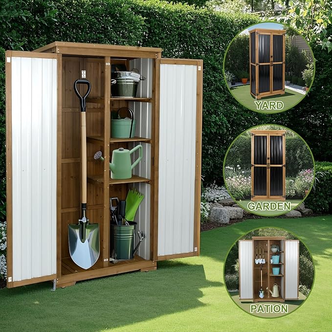 Outdoor Storage Cabinet with Shelf, Wood & Metal Storage Shed with Waterproof Roof & Lockable Doors,Tall Outdoor Cabinets for Patio Backyard, Gardening Tools and Accessories, Brown MAGAZOOPET