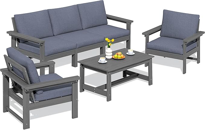 SERWALL HDPE Patio Conversation Set, 6-piece Sectional Outdoor Furniture Set, All Weather Outdoor Couch Set Patio Furniture Set for Deck, Lawn, Grey Frame with Grey Cushion SERWALL