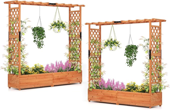 Giantex Set of 2 Raised Garden Bed with Trellis & Hanging Roof, Wood Planter Box with Bottom and Drainage Holes, Freestanding Garden Planter for Flower Vegetable Fruit Herb Climbing Vines, 77"x17"x72" Giantex