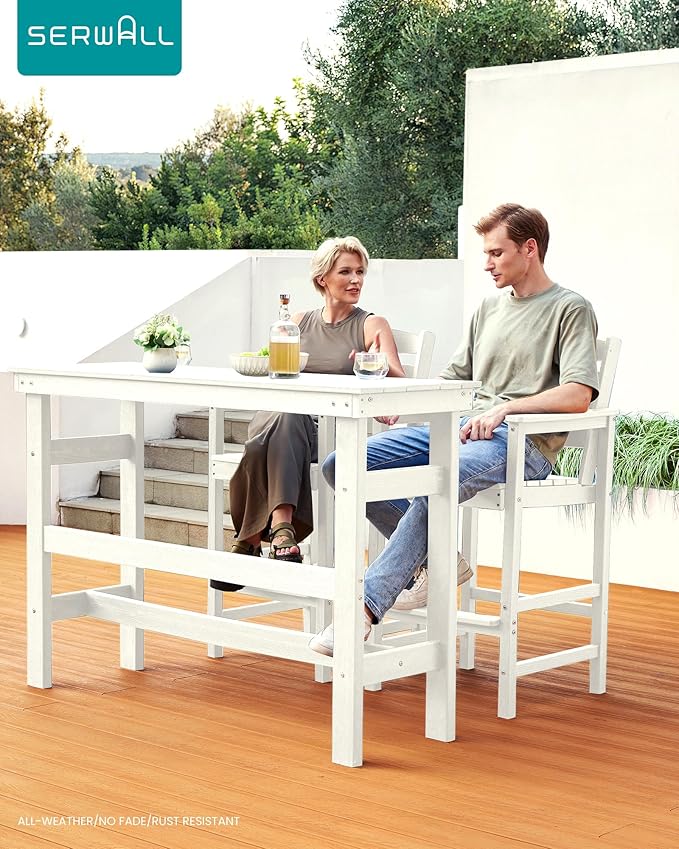 SERWALL 41" Outdoor Bar Table, HDPE Patio Bar Counter Height Table, All Weather Adirondack Outdoor Bar Height Table, Rectangle Patio Bar Table for Outside, Garden, Backyard, Balcony, Poolside, White SERWALL