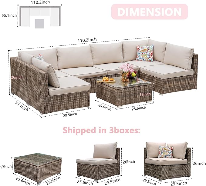 7 Pieces Patio Furniture Set - All-Weather Outdoor Wicker Sectional Conversation Sofa, Rattan Patio Seating Sofa Set with Cushion and Glass Table for Porch Poolside, Brown/Beige ZJEYEJZ